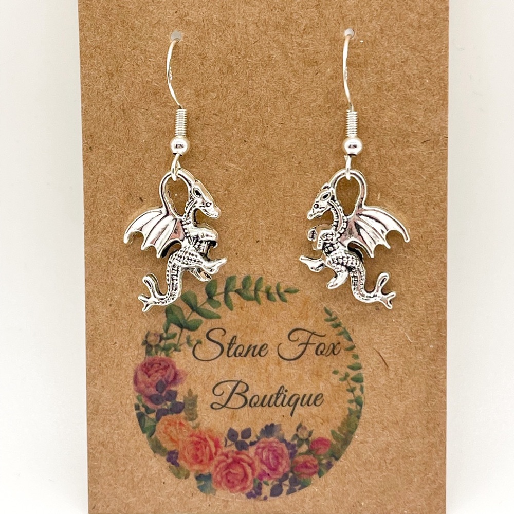 .925 Sterling Silver Hook Wire Earrings with Winged Dragon Novelty Charms.